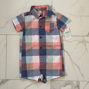 Carter's Short-Sleeve Plaid Romper - Navy, Coral & Light Blue